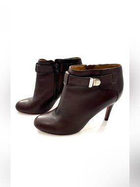 Coach Sondra Brown Leather Heeled Ankle Boot with Gold Logo Buckle Strap
